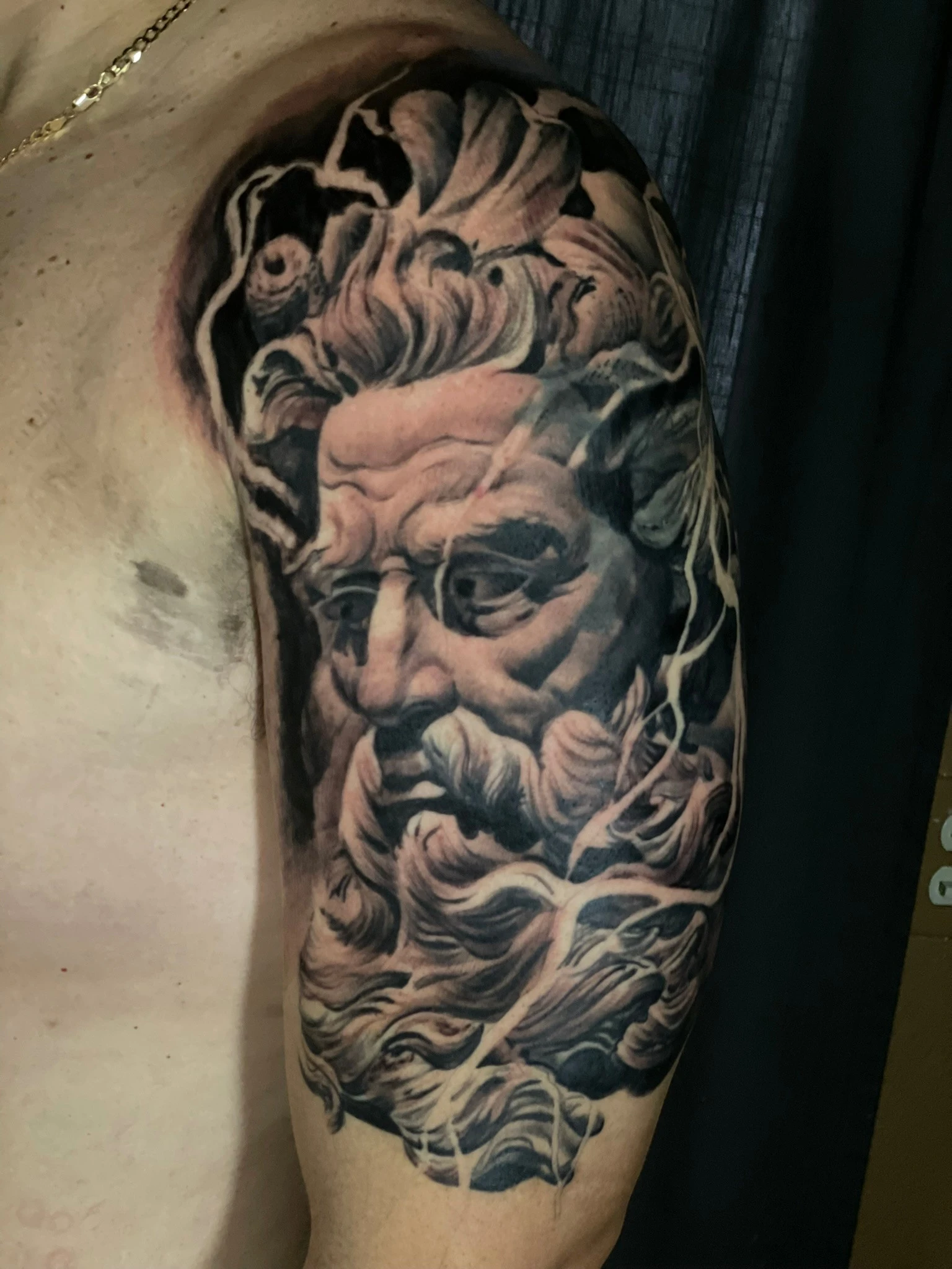 Healed shoulder piece tattoo by Vegas Vic