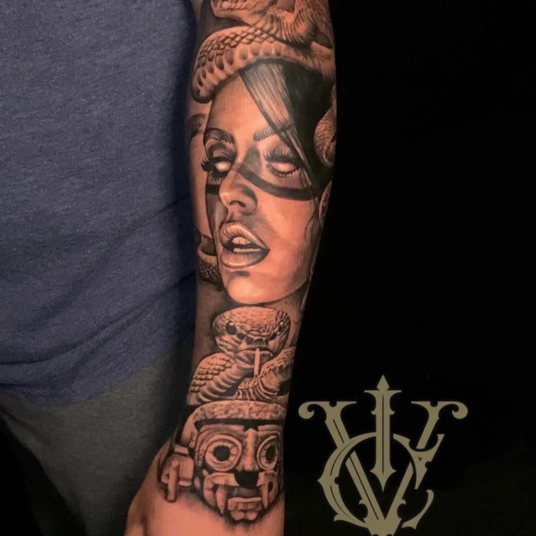 Black and grey portrait tattoo by Vegas Vic