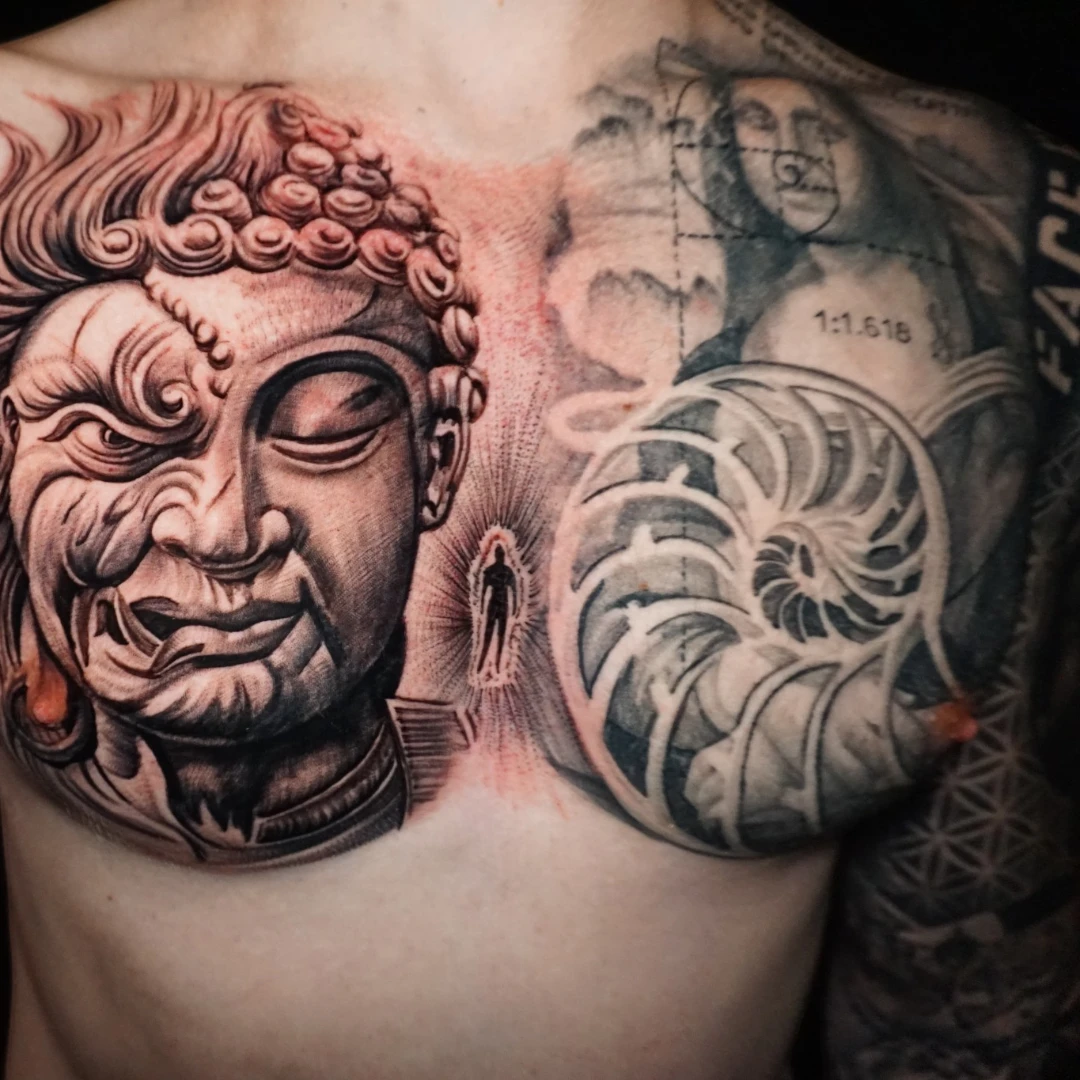 Buddha and nautilus chest piece tattoo by Vegas Vic