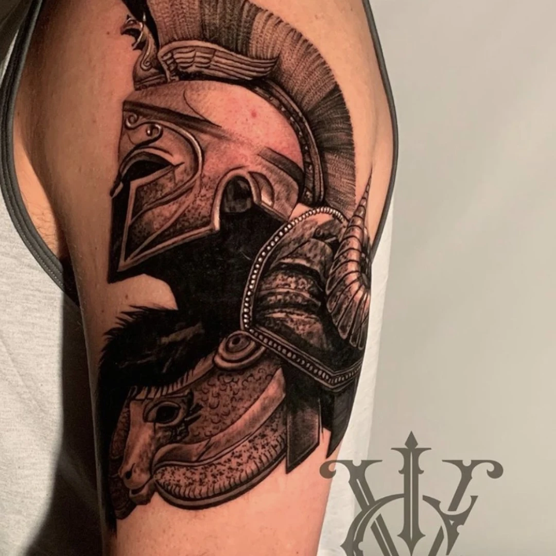 Spartan helmet tattoo by Vegas Vic